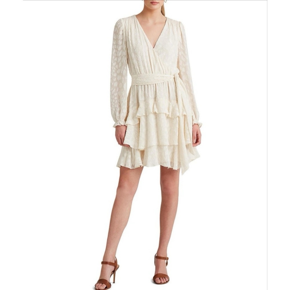 Ralph Lauren Ocelot Cream Ruffle Wrap Dress with Tie Waist